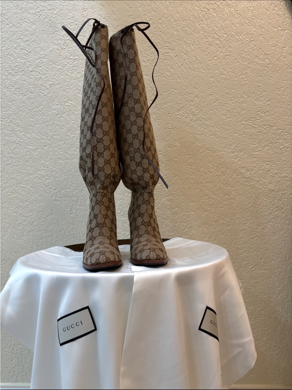 Gucci Beige Lisa GG Canvas Knee Length Boots.